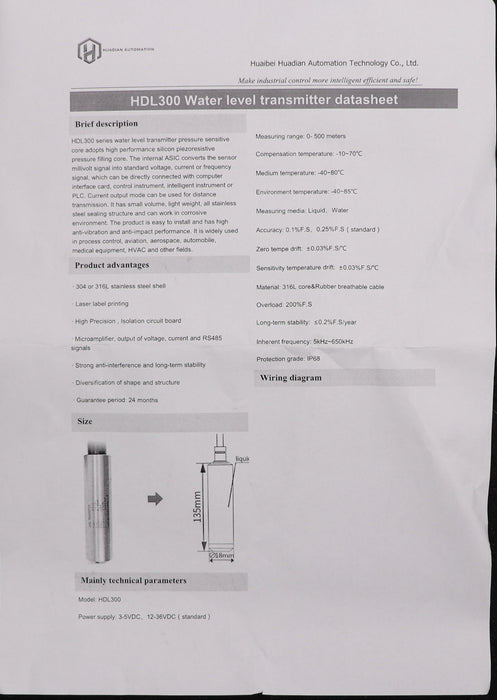 Bild des Artikels HUAIBEI-HUADIAN-Füllstandssensor-HDL300-Reichweite-für-0-3,75m-3-5VDC-/-12-36VDC