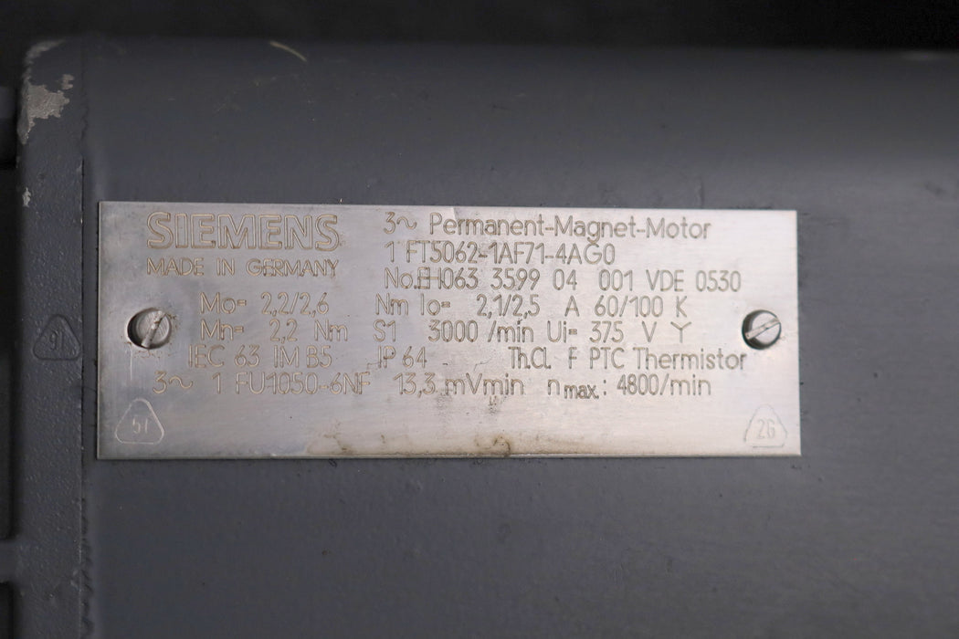 Bild des Artikels SIEMENS-Servomotor-1FT5062-1AF71-4AG0-Mo=-2,2/2,6Nm-S1=-3000U/min-Ui=-375V