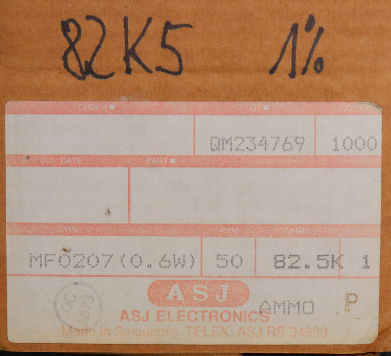 Bild des Artikels ASJ-1000x-Wiederstand-MF0207-Toleranz--±1%-82,5kOhm-0,6W-unbenutzt-in-OVP