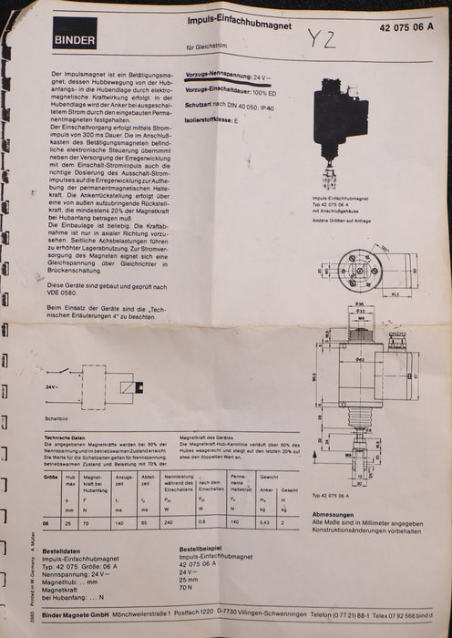 Bild des Artikels BINDER-Hubmagnet-Typ-Binder-42-075---06-A01-Hub-1,5cm-Hubkraft-30N-Spule-24V