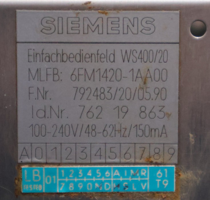 Bild des Artikels SIEMENS-Einfachbedienfeld-WS400/20-6FM1420-1AA02-115-230V-48-62Hz