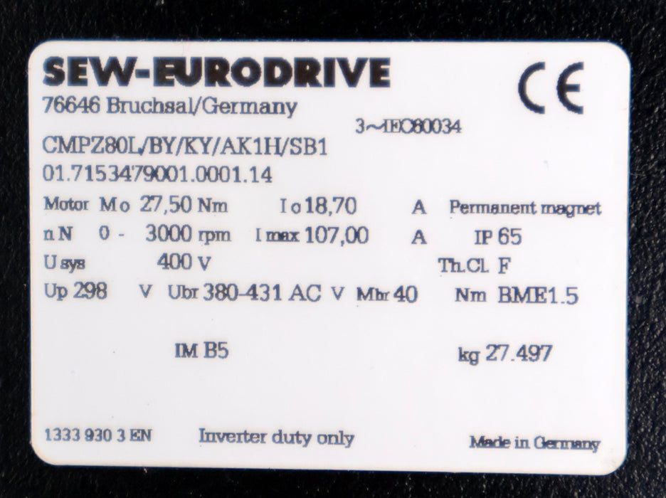 Bild des Artikels SEW-EURODRIVE-synchroner-Servomotor-CMPZ80L/BY/KY/AK1H/SB1-Mo-27,5Nm-Io-18,7A