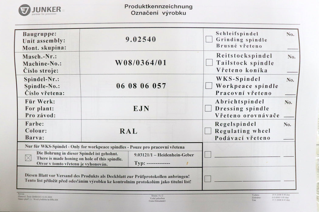 Bild des Artikels JUNKER-/-JUKOMET-HF-Schleifspindeleinheit-205x450-Spindel-Nr-060806057-Typ-mW-17