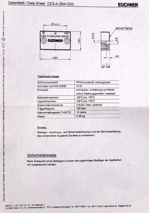 Bild des Artikels EUCHNER-Betätiger-CES-A-SBA-G02/V2-ID.NR.:-099332-IP67-unbenutzt