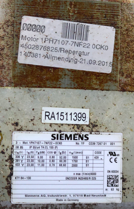 Bild des Artikels SIEMENS-SIMOTICS-3~-Motor-1PH7107-7NF22-0CK0-UN=-336-433V-PN=-9-11kW