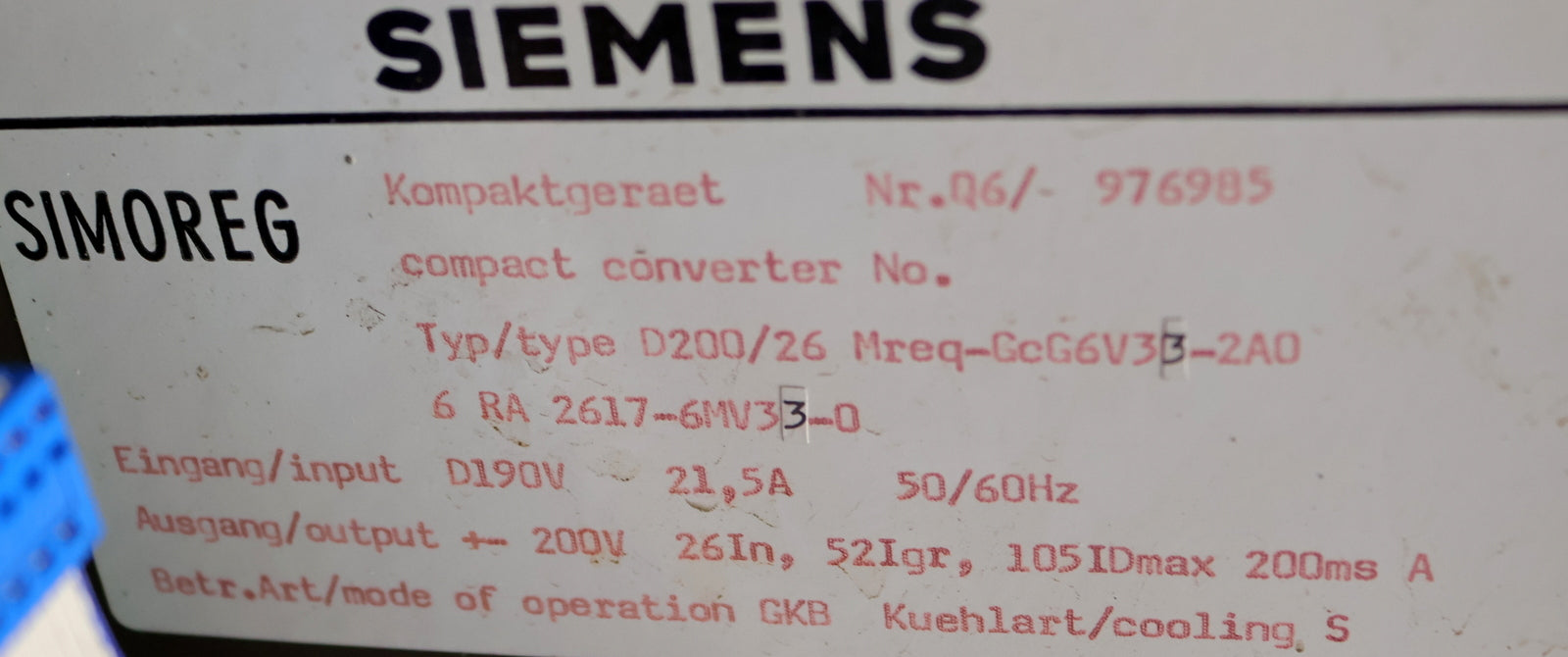 Bild des Artikels SIEMENS-SIMOREG-Kompaktgerät-6RA2617-6MV33-0-D200/26-Mreq-GcG6V33-2A0-getestet