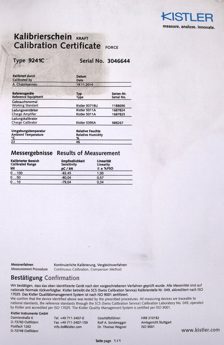 Bild des Artikels KISTLER-Drucksensor-Typ-9241C-mit-Kalibrierschein-0-100kN-SN-3046644-gebraucht