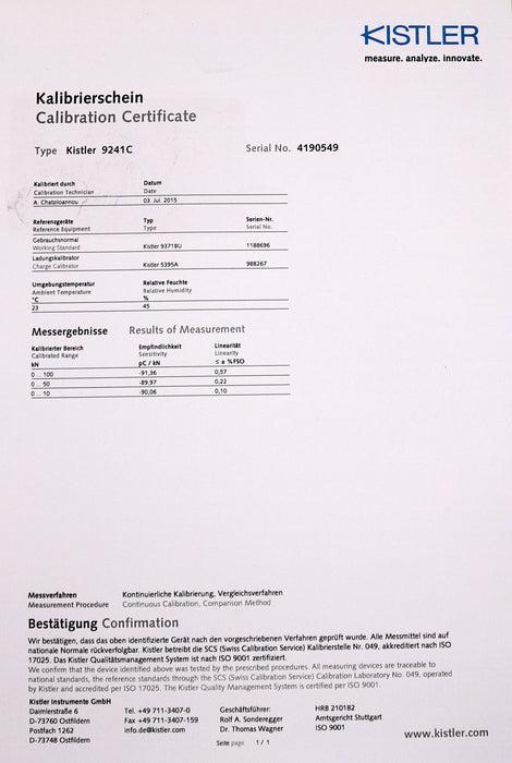 Bild des Artikels KISTLER-Drucksensor-Typ-9241C-mit-Kalibrierschein-0-100kN-SN-4190549-gebraucht