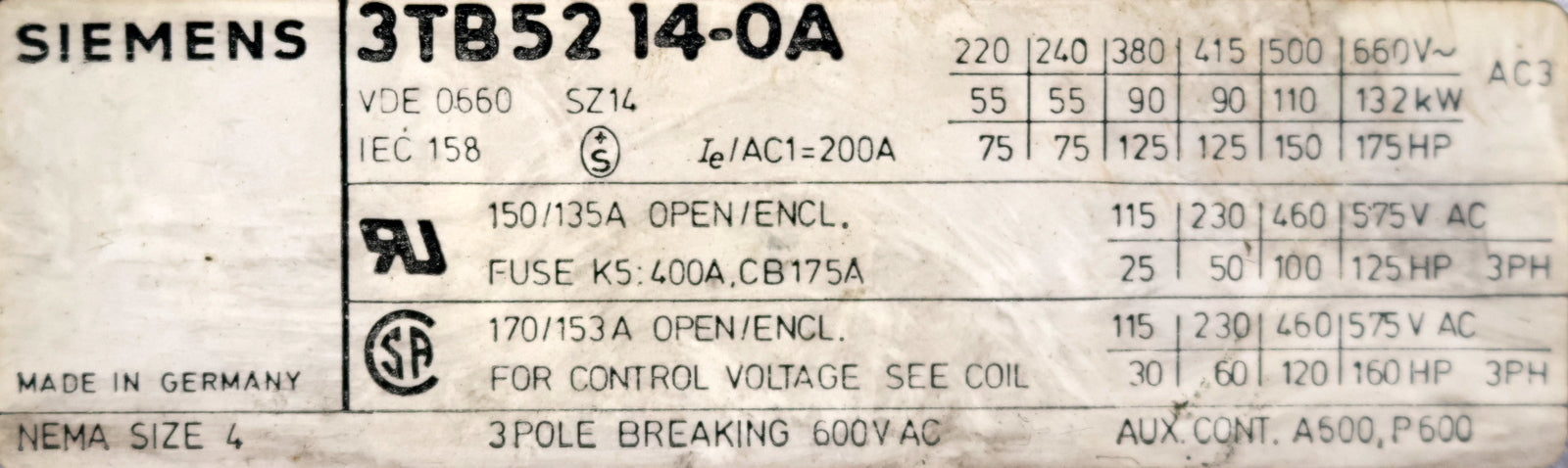 Bild des Artikels SIEMENS-132kW-Leistungsschütz-3TB52-3TB5214-0AM0-Spulenspannung-220VAC-50Hz