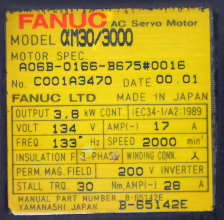 Bild des Artikels FANUC-AC-Servo-Motor-a-M30/3000-A06B-0166-B675#0016-3,8kW-134V-133Hz