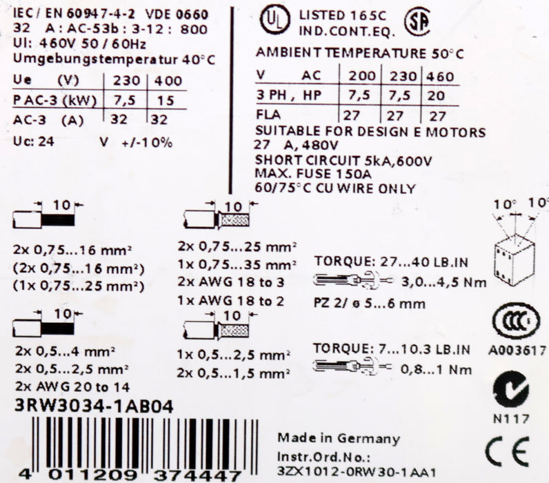 Bild des Artikels SIEMENS-SIRIUS-Sanftstarter-3RW3034-1AB04-S2-32A-15KW/400V-200-460VAC-24VAC/DC