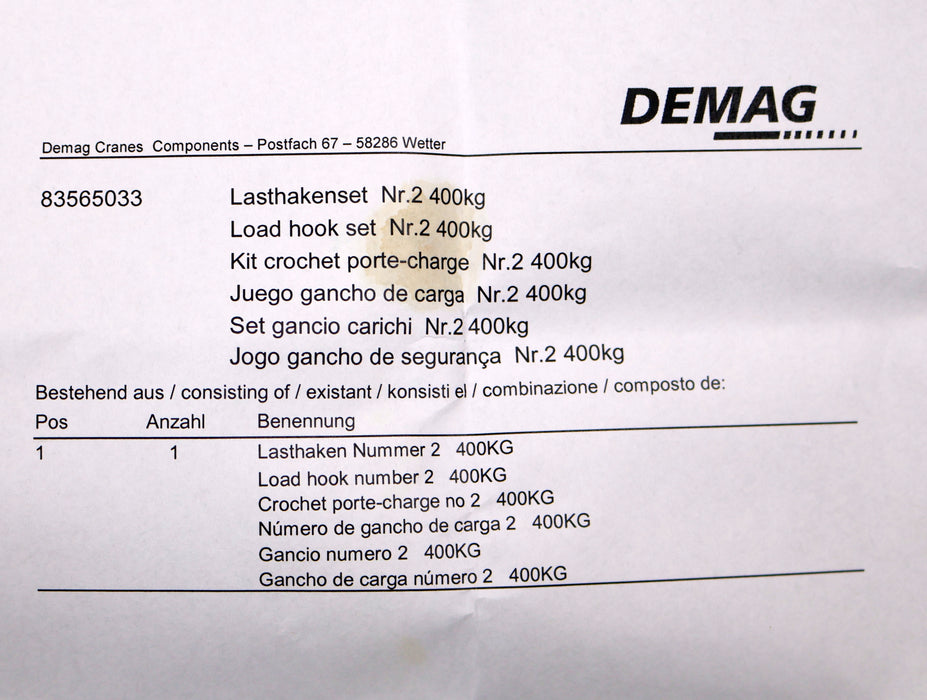 Bild des Artikels DEMAG-Lasthakenset-Nr.-2-Traglast-400kg-Id.-Nr.:-83565033-unbenutzt-in-OVP