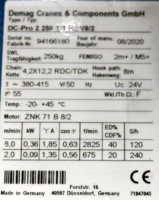 Bild des Artikels DEMAG-Elektrokettenzug-Typ-DC-Pro-2-250-1/1-H8-V8/-Tragfähigkeit-250kg