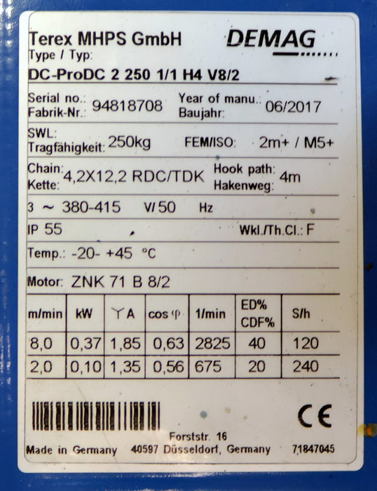 Bild des Artikels DEMAG-Elektrokettenzug-Typ-DC-PRO-2-250-1/1-H4-V8/2-Tragfähigkeit-250kg