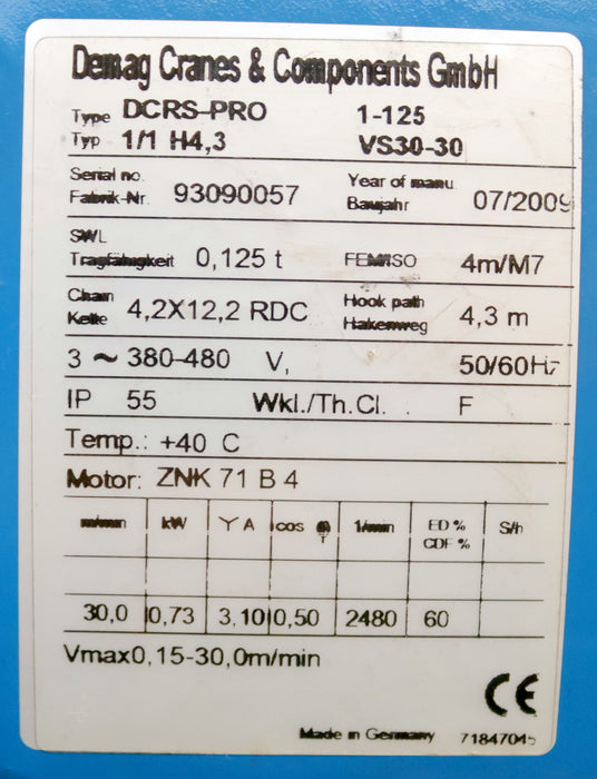 Bild des Artikels DEMAG-Elektrokettenzug-Typ-DCRS-PRO-1-125-1/1-H4,3-VS30-30-Tragfähigkeit-125kg