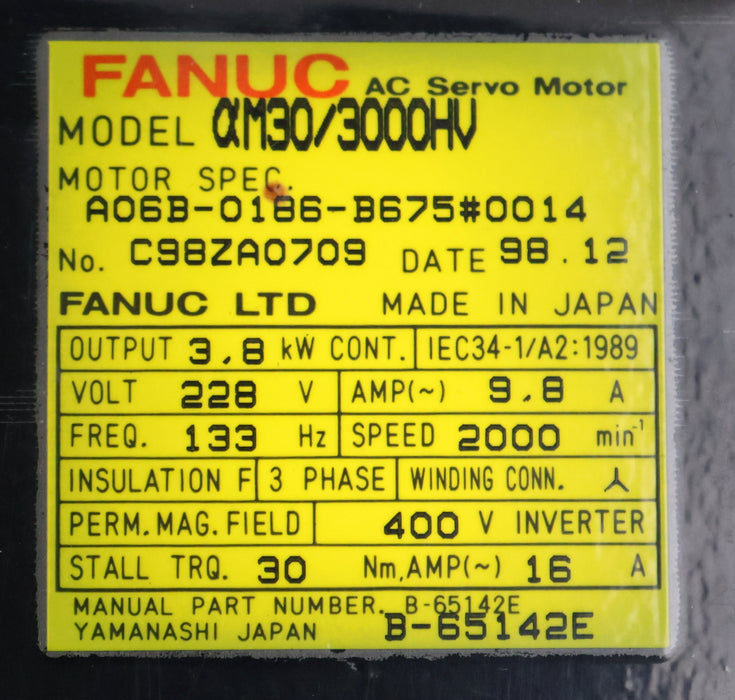 Bild des Artikels FANUC-AC-Servo-Motor-aM30/3000HV-A06B-0186.B675#0014-3,8kW-228V-133Hz-9,8A