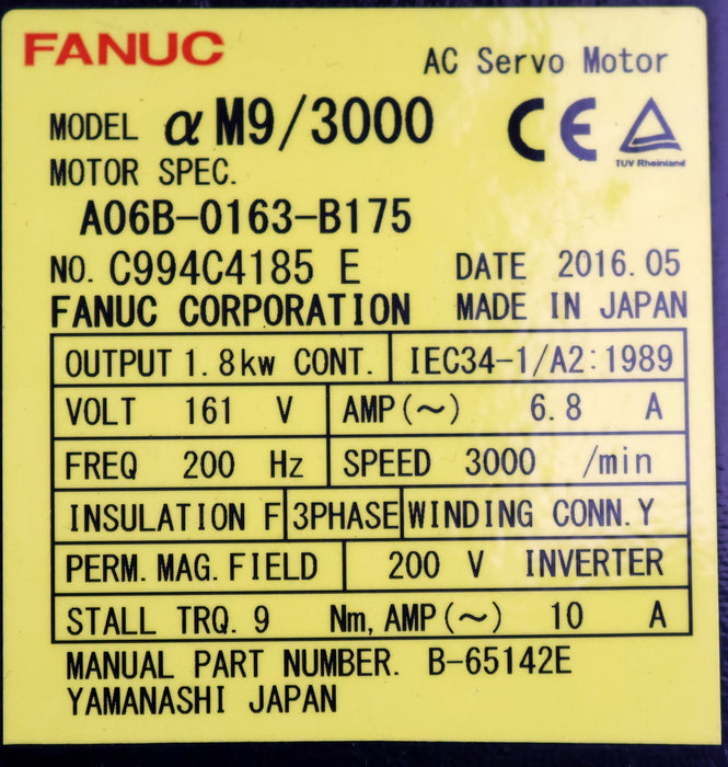 Bild des Artikels FANUC-AC-Servo-Motor-aM9/3000-A06B-0163-B17-1,8kW-161V-200Hz-6,8A-3000U/min