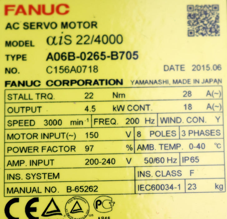 Bild des Artikels FANUC-AC-Servo-Motor-aiS-22/4000-A06B-0265-B705-4,5kW-150V-200Hz-18A-3000U/min