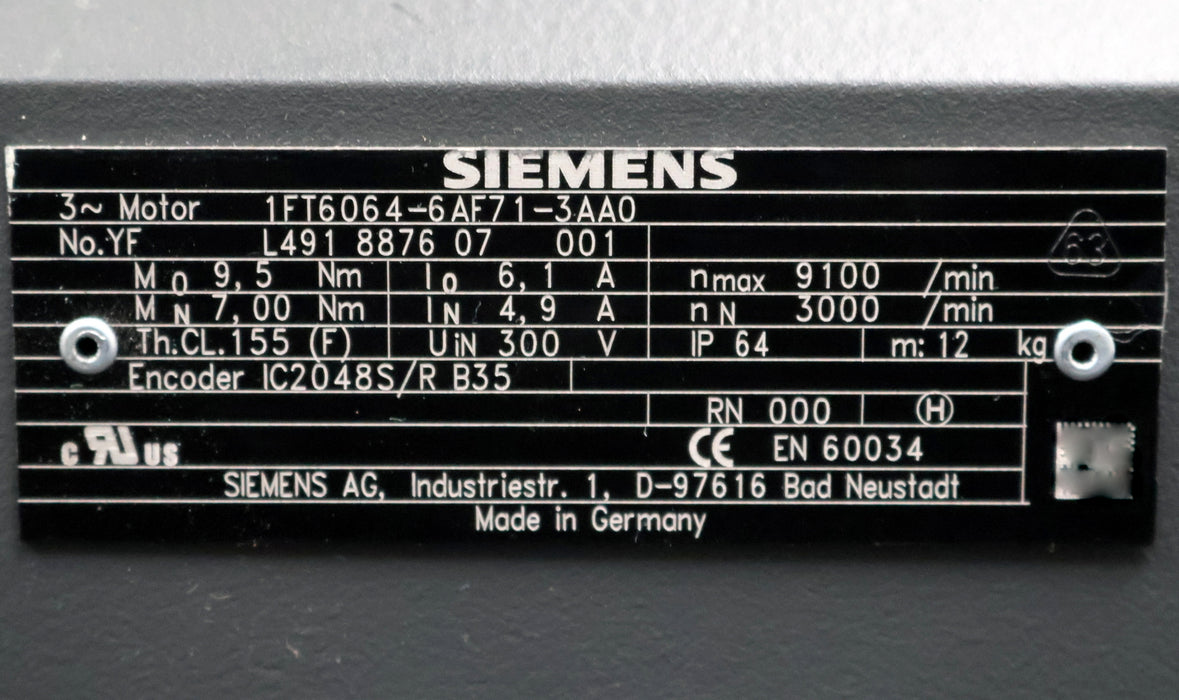 Bild des Artikels SIEMENS-Servomotor-1FT6064-6AF71-3AA0-9,5Nm-nmax=-9100U/min-nN=-3000U/min