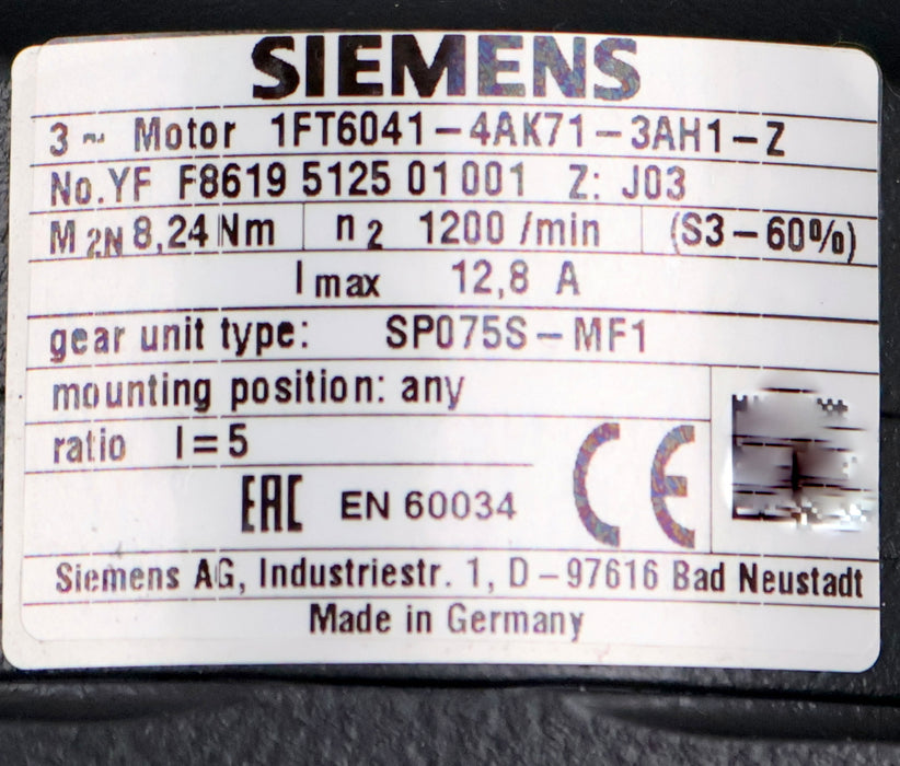 Bild des Artikels SIEMENS-Servo-Getriebemotor-1FT6041-4AK71-3AH1-Z-2,6Nm-nmax=-6000U/min