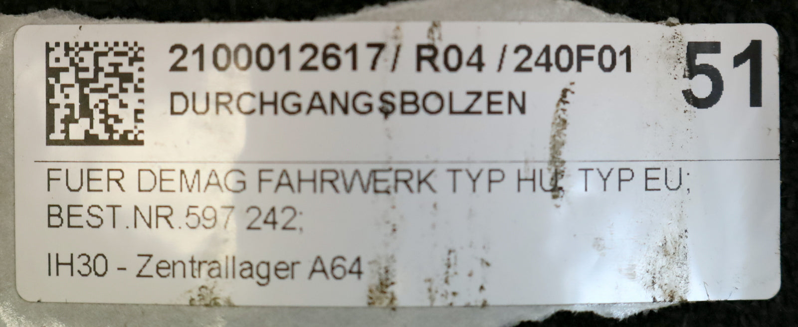 DEMAG Durchgangsbolzen für DEMAG Fahrwerk Typ HU Typ EU Best.Nr. 597242