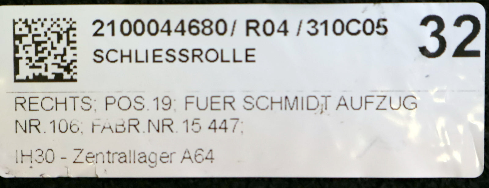 SCHMIDT AUFZUG Schliessrolle rechts zu SCHMIDT AUFZUG Fabr.Nr. 15447 No. 106