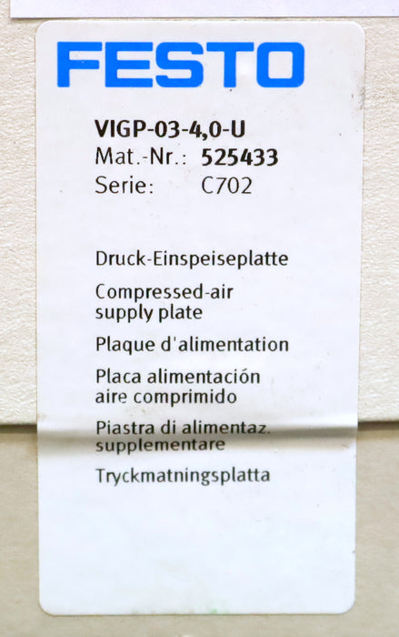 FESTO Druck-Einspeiseplatte Pressure feed plate VIGP-03-4,0-U Nr. 525433 C702