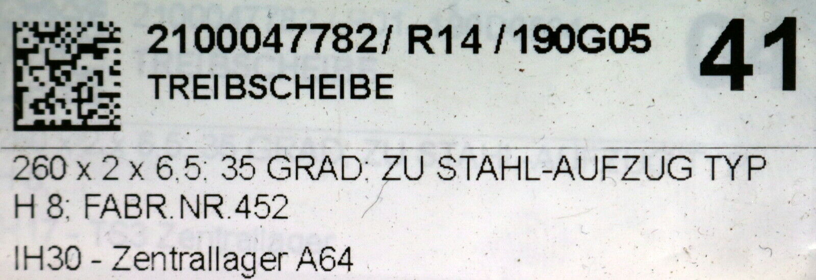 BUNSE STAHL Treibscheibe 260 x 2 x 6,5 35 Grad für STAHL Aufzug Typ H8 2-rillig