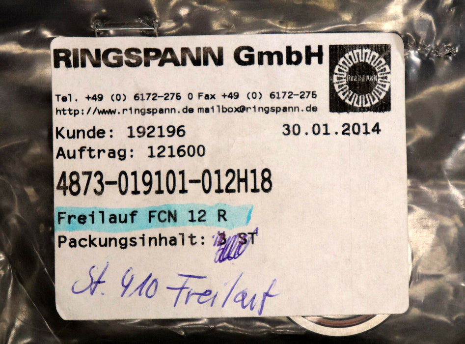 RINGSPANN Freilauf FCN12R Art.Nr. 4873-019101-012H18 32x12x10 mm