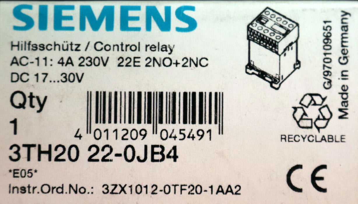 SIEMENS Hilfsschütz 22E 3TH2022-0JB4 Spulenspannung 17-30VDC 2 NO + 2NC AC-11 4A