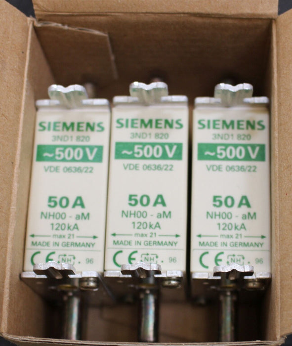 SIEMENS NH-Sicherungseinsatz 3ND1820 - Gr. 00 - 50A - AR - 500V - 3 Stück