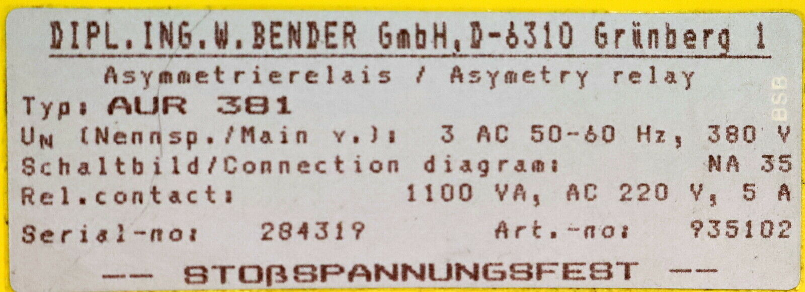 BENDER Asymmetrie- und Unterspannungsrelais AUR 381 Art.Nr. 935102 UN= 380VAC