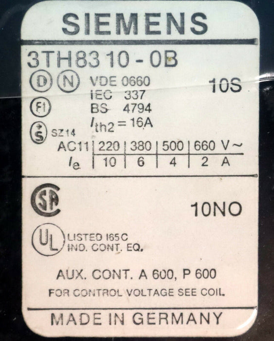 SIEMENS Hilfsschütz 3TH8310-0B Spulenspannung 24VDC 10S + 10NO - unbenutzt