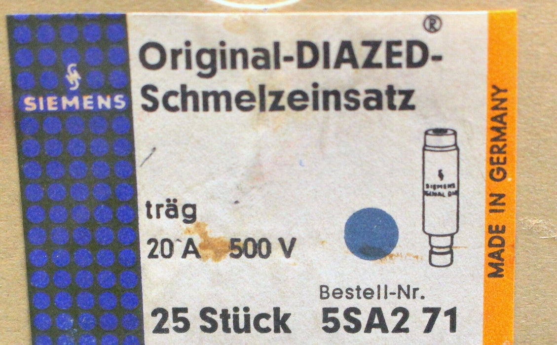 SIEMENS DIAZED-Schmelzeinsatz Sicherungseinsatz 5SA2 71 20A 500V -träg- 25 Stück