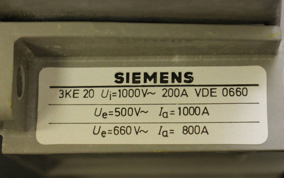 SIEMENS Lasttrennschalter 3KE2030-0DA Nennstrom 200A Ui=1000VAC Ue=500VAC Ia=100