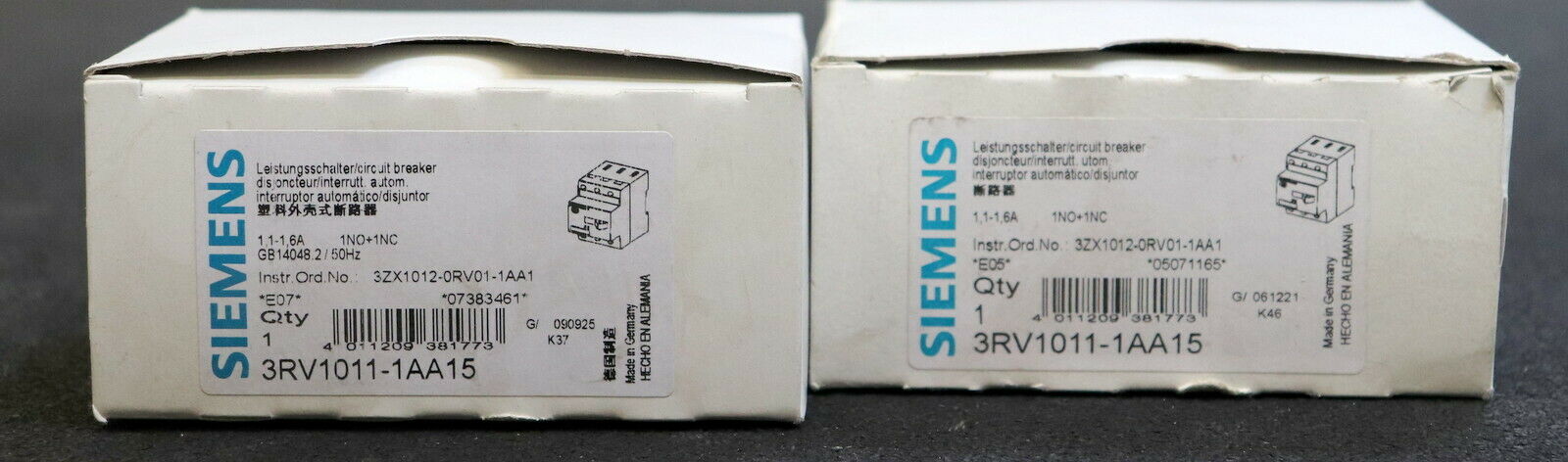 SIEMENS 2 Stück Motorschutzschalter 3RV1011-1AA15 0,11-0,16A 1NO + 1NC