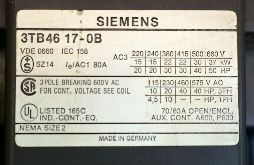 SIEMENS Leistungsschütz 3TB46 3TB4617-0B Spulenspannung 24VDC gebraucht