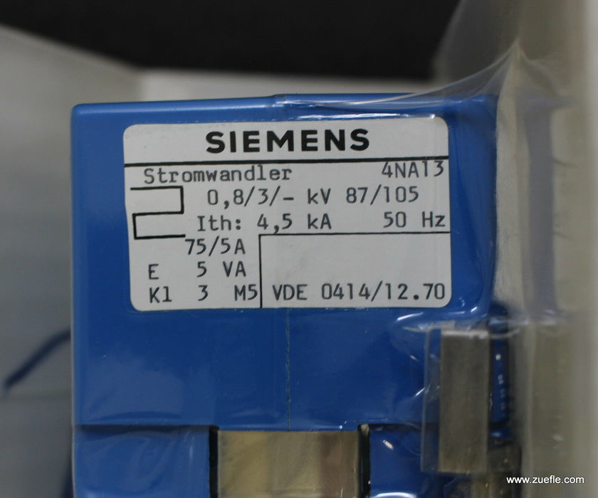 SIEMENS Stromwandler 4NA13 0,8/3 – 87/105kV Ith=4,5kA 50Hz 75/5A E = 5VA Kl 3 M5