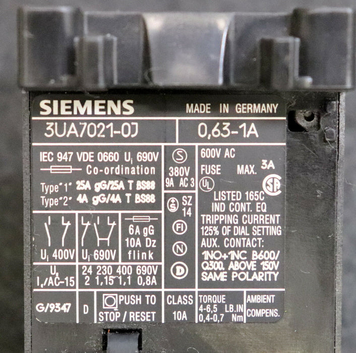 SIEMENS Thermisches Überlastrelais 3UA7021-0J 0,63-1A Ui=400 / 690VAC gebraucht