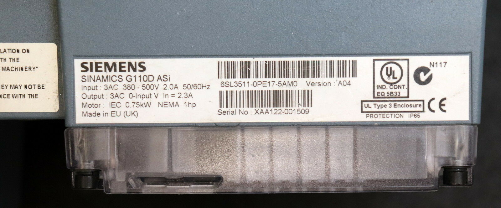 SIEMENS SINAMICS G110D ASi AC-DRIVE Frequenzumrichter 6SL3511-0PE17-5AM0 V: B01