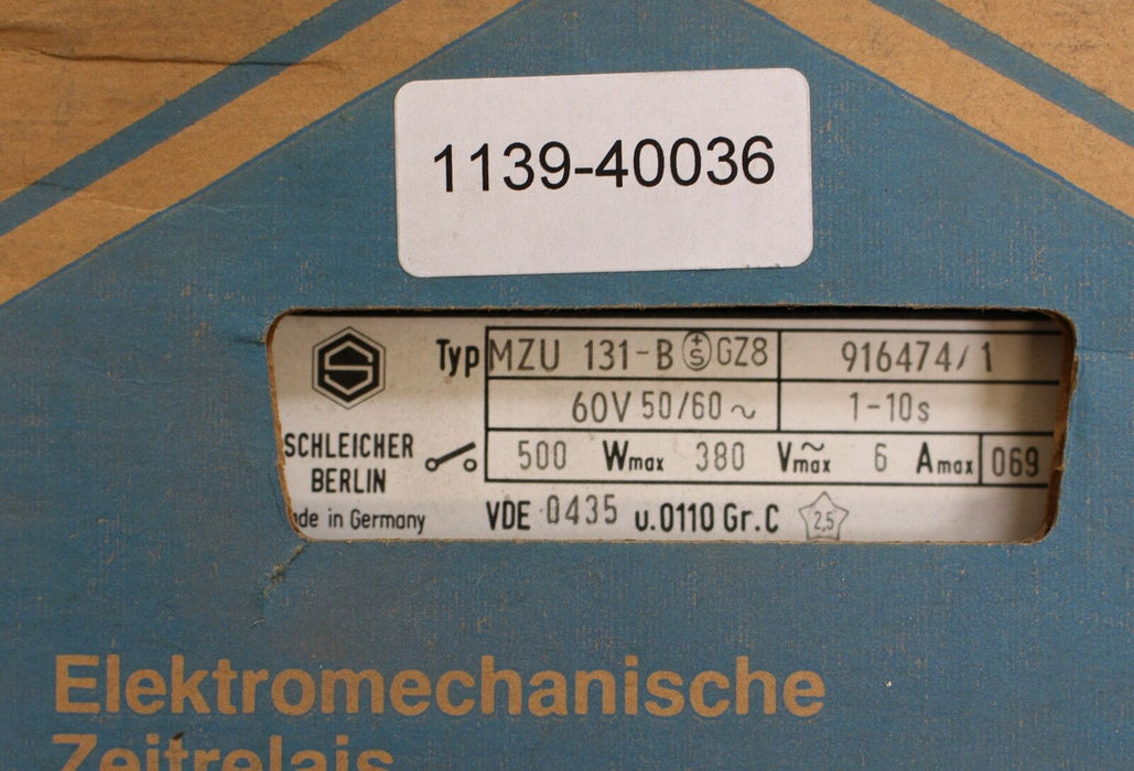 SCHLEICHER Präzisions-Zeitrelais MZU 131-B GZ8 60V 50/60Hz t=1-10s Nr. 9136474/1