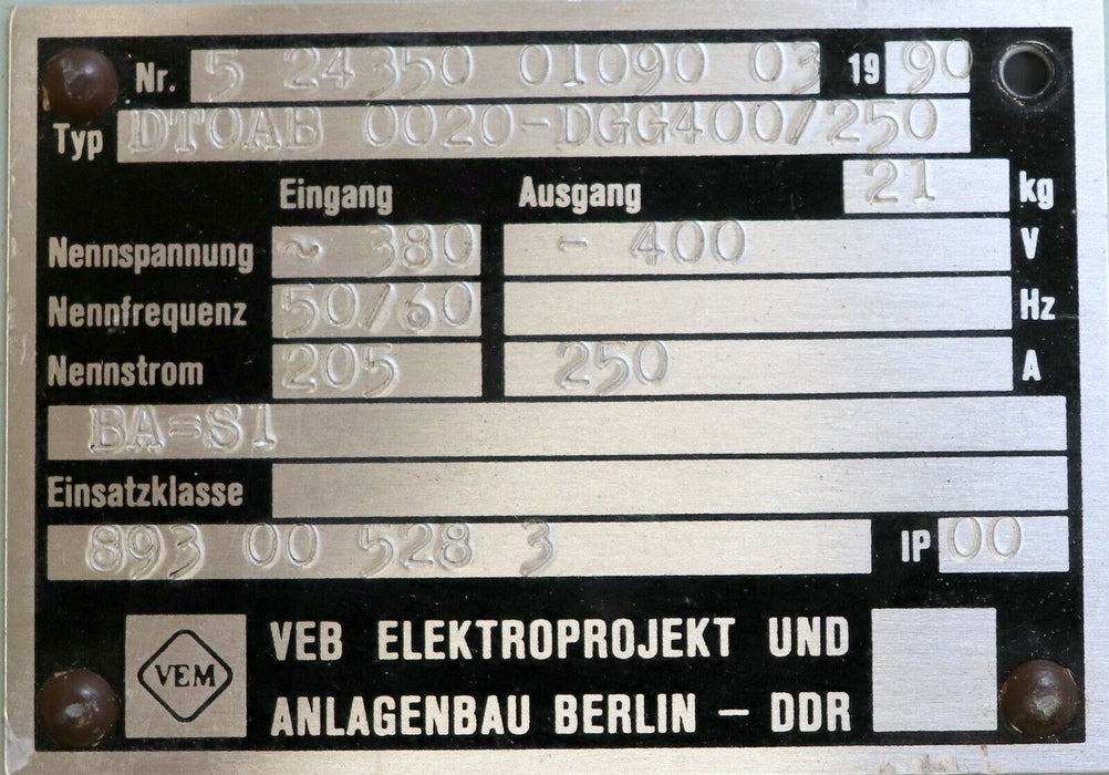 VEB EAB DDR Steuergerät Thyresch DTO AB0020-DGG 400/250 400VDC 250A