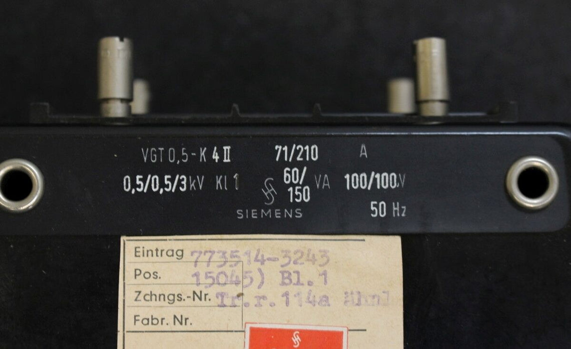 SIEMENS Wandler VGT0,5-K4II - 71/210 - 0,5/0,5/3kV - Kl1 - 60/150VA - 100/100V