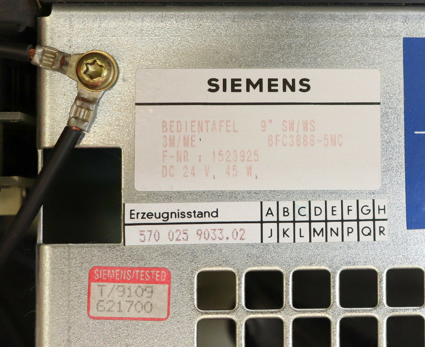 SIEMENS SINUMERIK Bildschirm-Bedientafel SW/WS 6FC3888-5MC 570 025 9033.02 24VDC