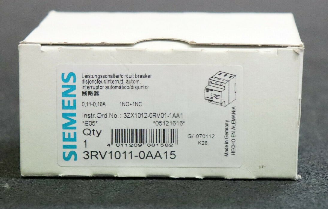 SIEMENS Motorschutzschalter 3RV1011-0AA15 0,11-0,16A 1NO + 1NC Baugröße S00