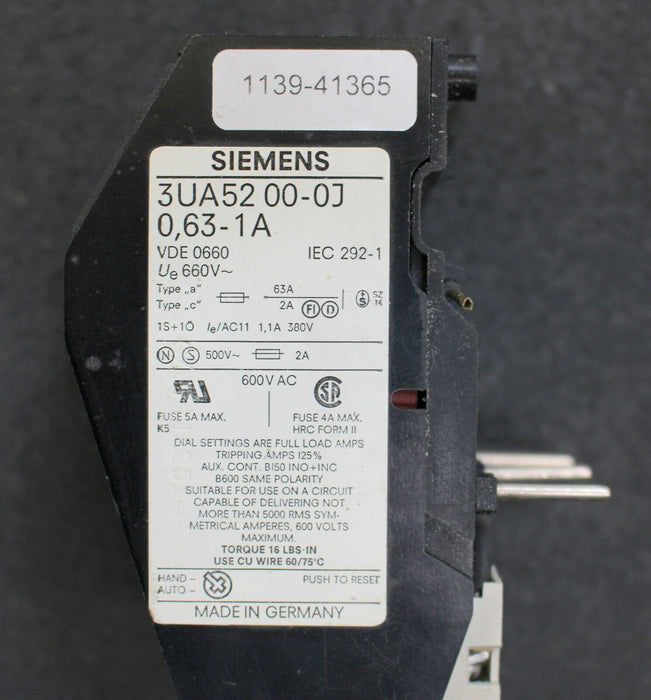 SIEMENS Überlastrelais 3UA5200-0J 0,63-1A overload relay Ue=660VAC 1S + 1Ö