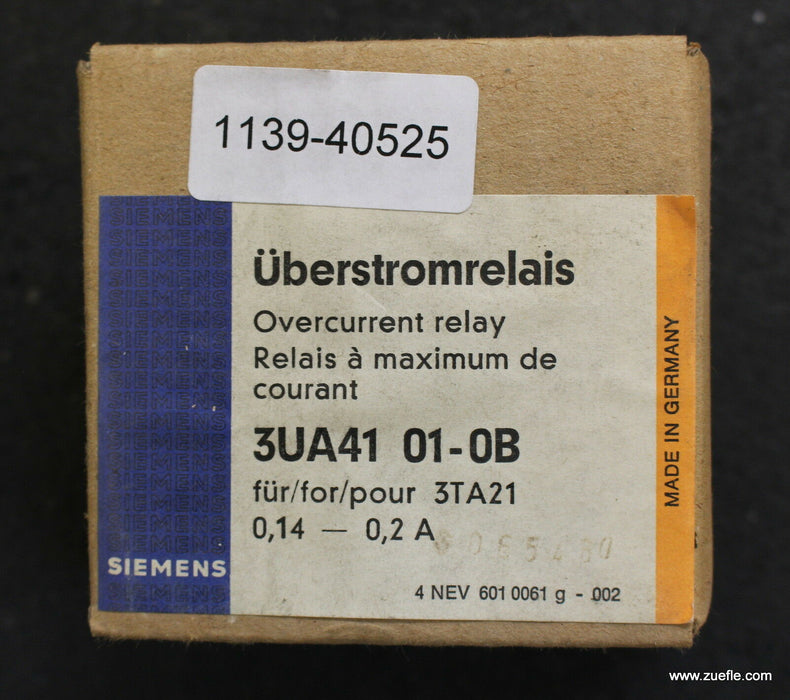 SIEMENS Überlastrelais overload relay 3UA4101-0B 0,14-0,2A für 3TA21