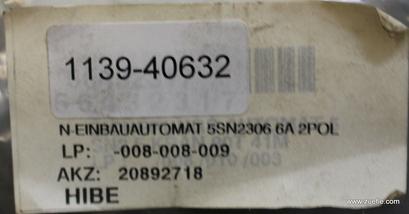 SIEMENS N-Einbauautomat N-circuit breaker 5SN2306 6A 2-polig G6A 230/380VAC