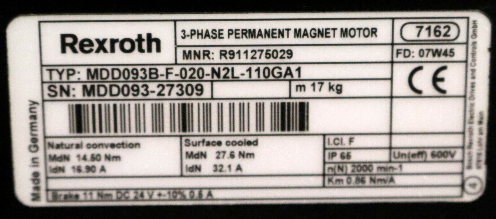 BOSCH / INDRAMAT Servomotor MDD093B-F-020-N2L-110GA1 2000U/min Bremse 11Nm 24V