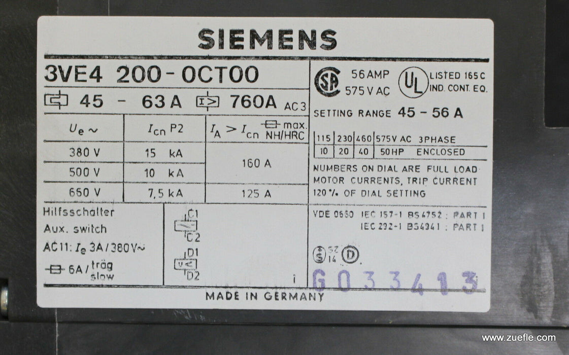 SIEMENS Schutzschalter molded case circuit braker 3VE4200-0CT00 Nennstrom 45-63A